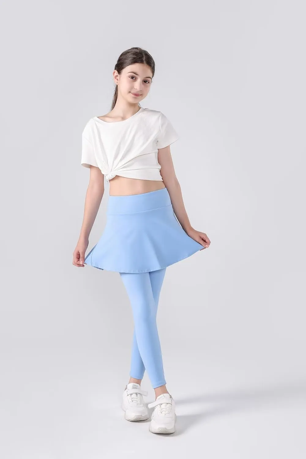 2 in 1 Girls Leggings with Skirt High Waisted Tennis Athletic Flowy Skirted Legging with Pockets for Kid