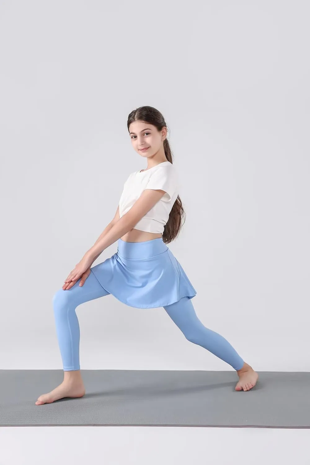 2 in 1 Girls Leggings with Skirt High Waisted Tennis Athletic Flowy Skirted Legging with Pockets for Kid