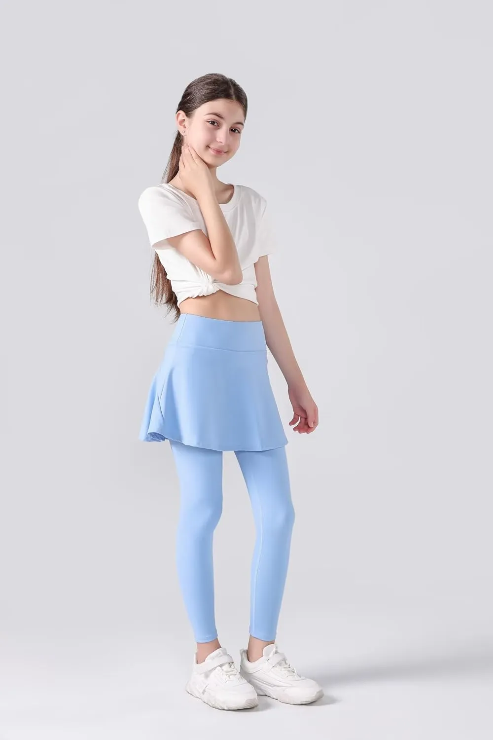 2 in 1 Girls Leggings with Skirt High Waisted Tennis Athletic Flowy Skirted Legging with Pockets for Kid