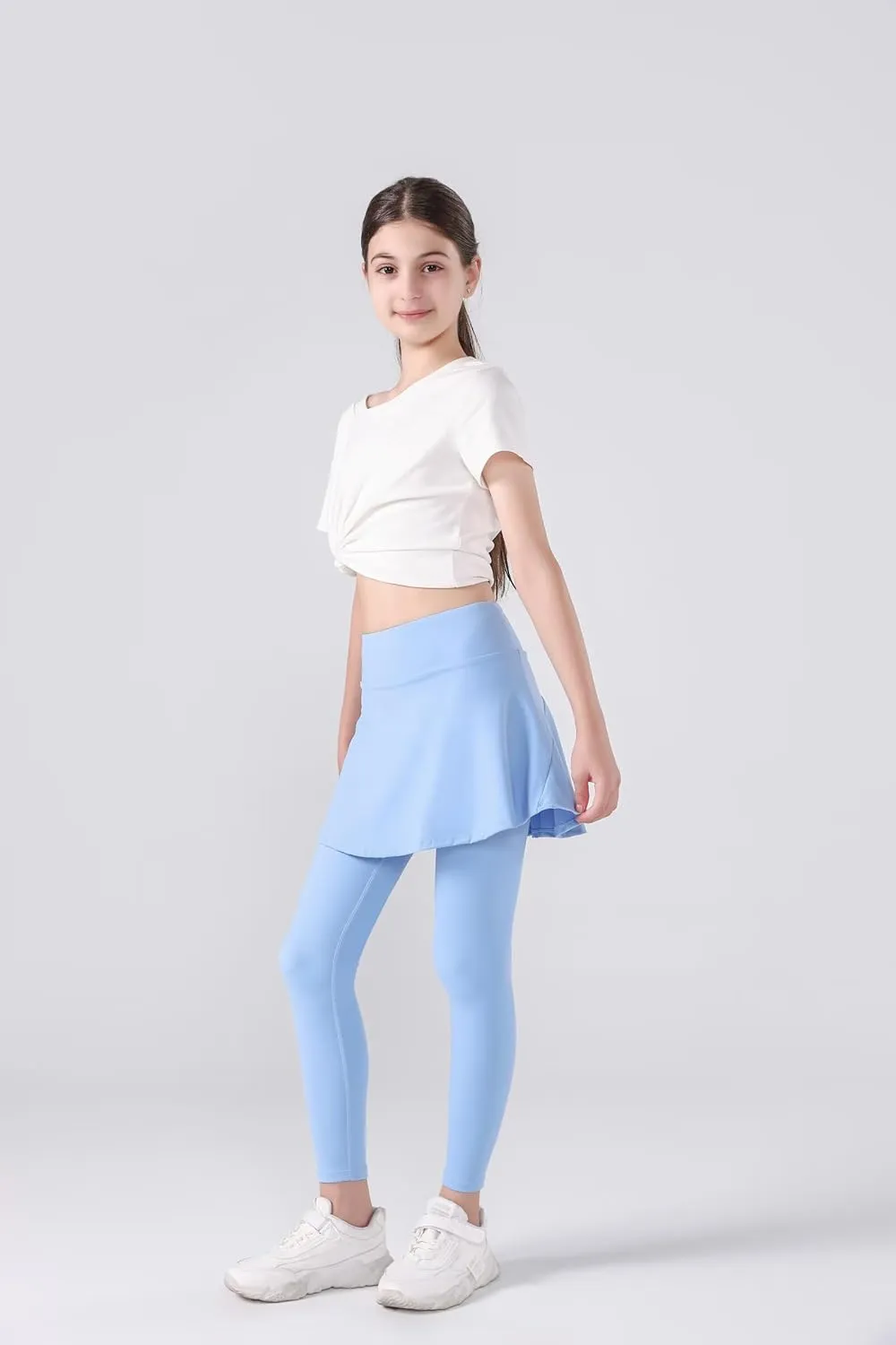 2 in 1 Girls Leggings with Skirt High Waisted Tennis Athletic Flowy Skirted Legging with Pockets for Kid