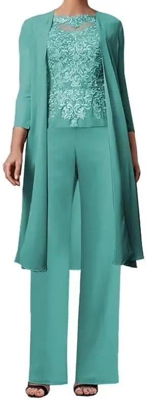 3 Pieces Mother of The Bride Pant Suits for Wedding with Jacket Lace Appliques Formal Pantsuits for Women
