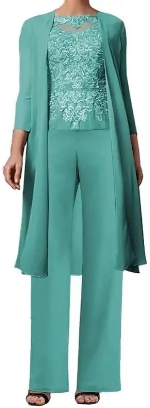 3 Pieces Mother of The Bride Pant Suits for Wedding with Jacket Lace Appliques Formal Pantsuits for Women
