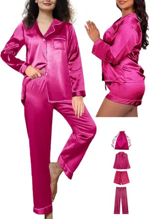 4Pcs Womens Silk Pajamas Set XS-XXL Satin Pajama Sets for women Silky Pj Set Sleepwear Pjs Nightwear Loungewear