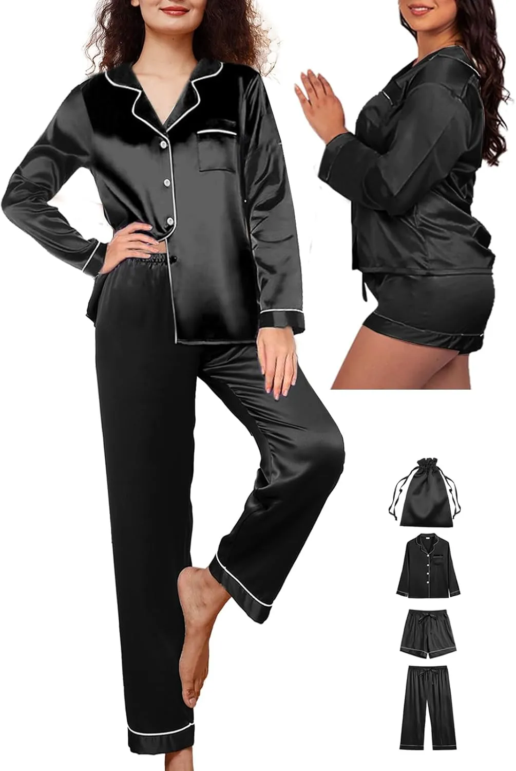 4Pcs Womens Silk Pajamas Set XS-XXL Satin Pajama Sets for women Silky Pj Set Sleepwear Pjs Nightwear Loungewear