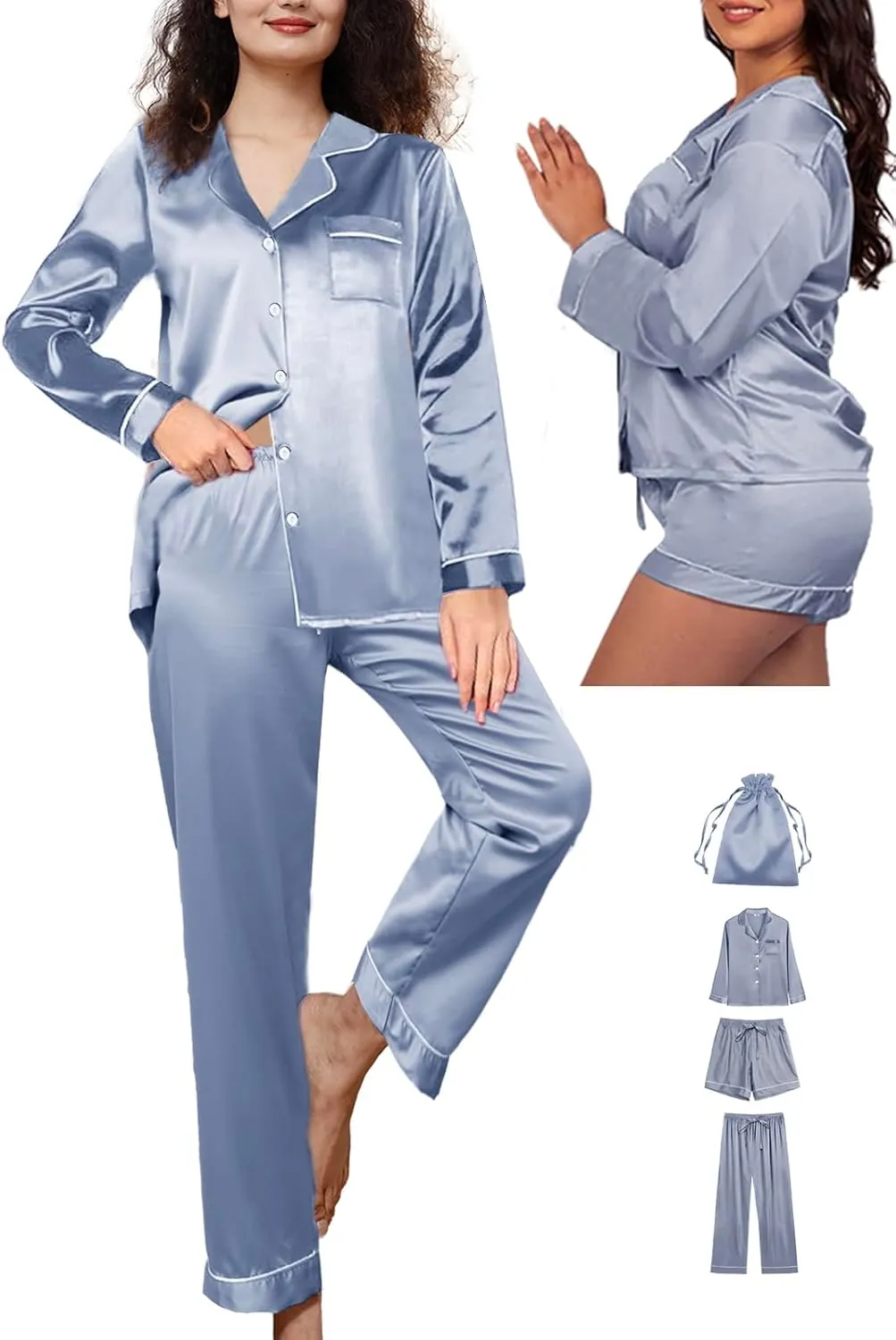 4Pcs Womens Silk Pajamas Set XS-XXL Satin Pajama Sets for women Silky Pj Set Sleepwear Pjs Nightwear Loungewear