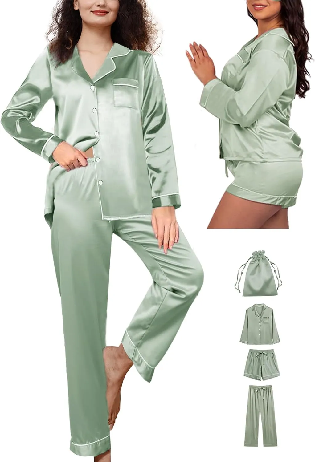 4Pcs Womens Silk Pajamas Set XS-XXL Satin Pajama Sets for women Silky Pj Set Sleepwear Pjs Nightwear Loungewear