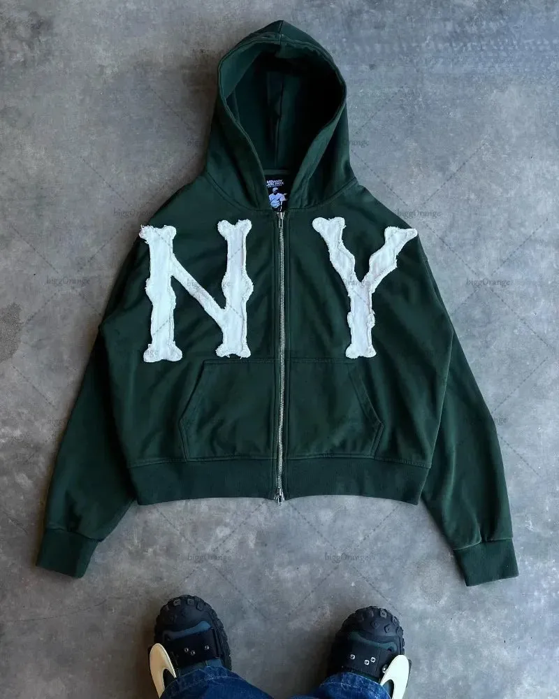 Advbridge Hip-hop Trendy Clothing American Street Colorful Embroidered Zipper Hoodie Men Y2K Harajuku Retro All-match Oversized Jacket