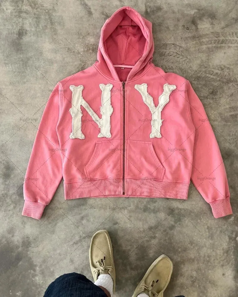 Advbridge Hip-hop Trendy Clothing American Street Colorful Embroidered Zipper Hoodie Men Y2K Harajuku Retro All-match Oversized Jacket