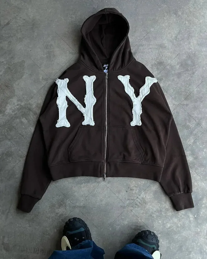 Advbridge Hip-hop Trendy Clothing American Street Colorful Embroidered Zipper Hoodie Men Y2K Harajuku Retro All-match Oversized Jacket