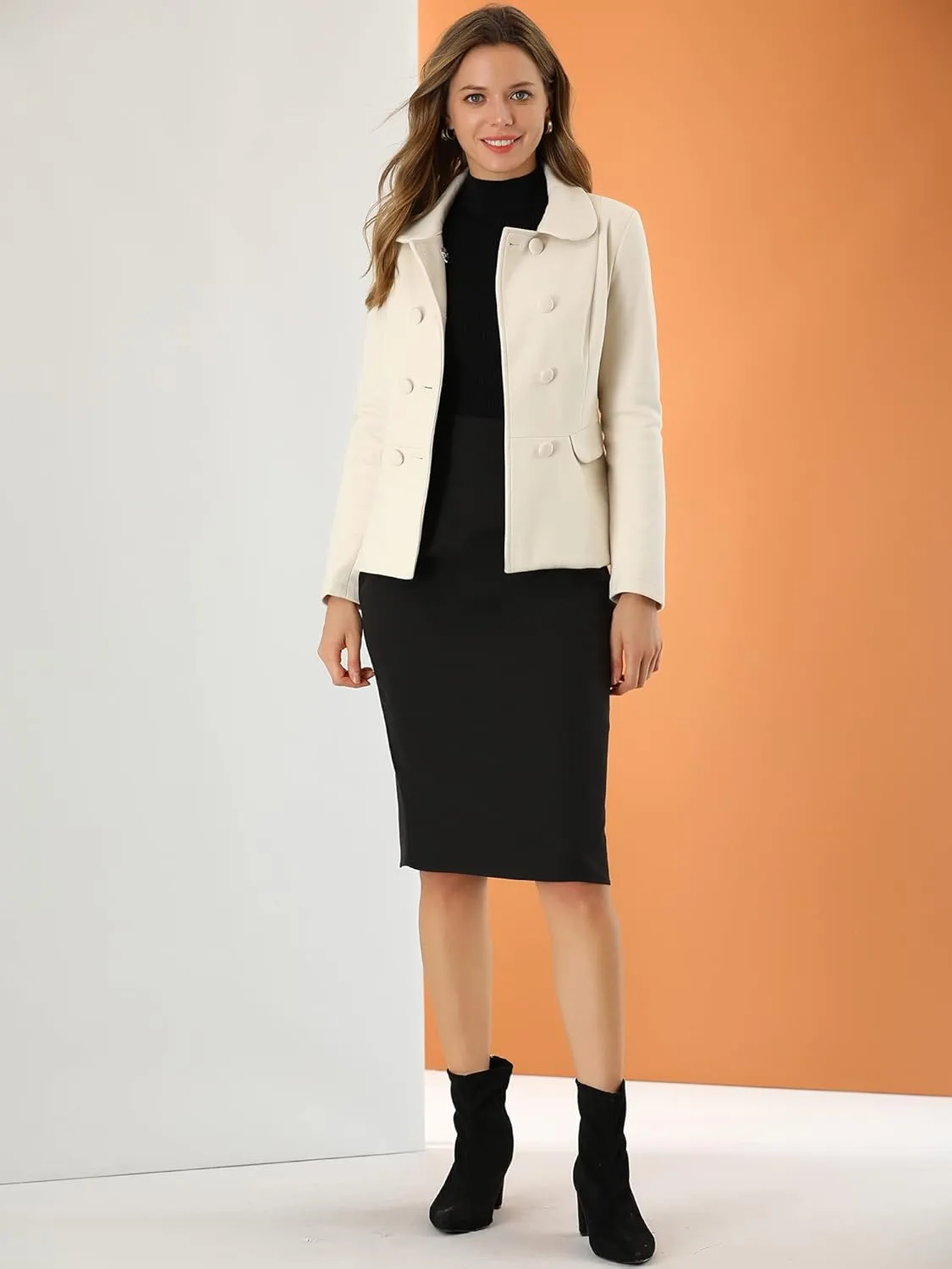 Allegra K Women's Peter Pan Collar Peacoat Double Breasted Short Coat