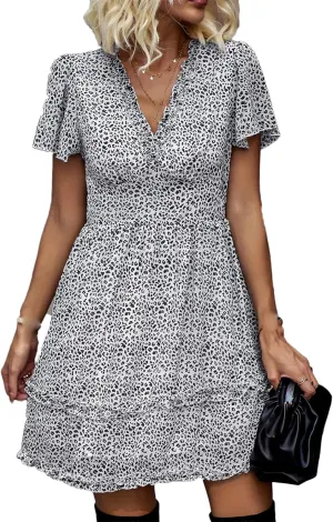 Andongnywell Women's Boho V Neck Floral Print Ruffle Sleeve Layered Mini Dress Cute Mini Waist Short Dress
