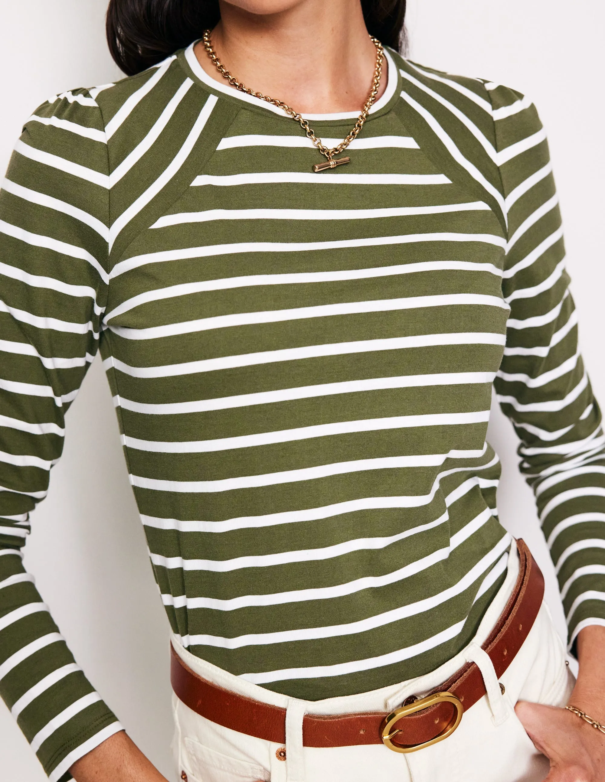 Arabella Stripe Jersey Top-Khaki, Ivory Stripe