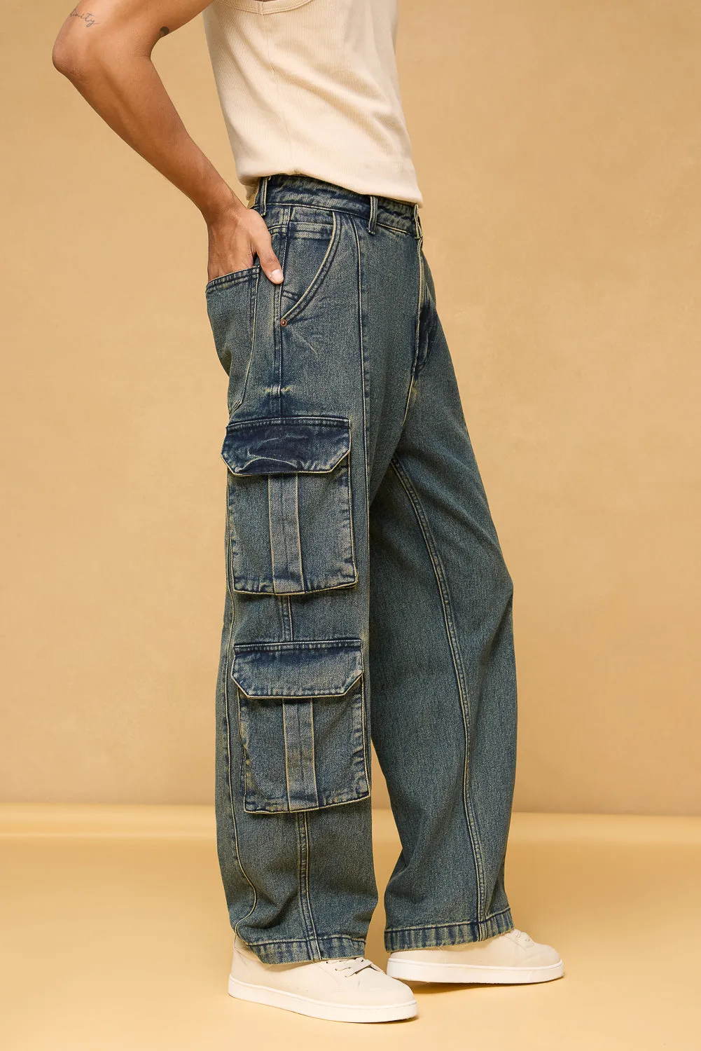 Astral Blue Utility Men's Baggy Cargo Jeans