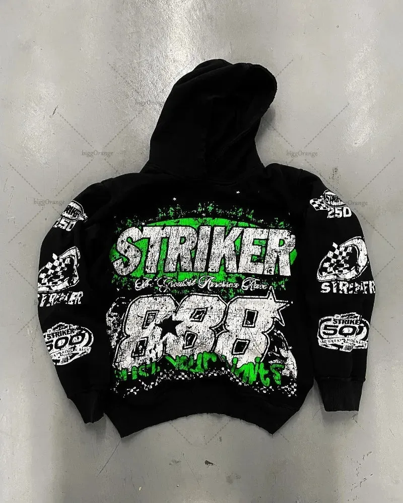 Back To School Joskaa American Y2k Harajuku Retro Motorcycle Style Jacket Letter Printed Pullover Hoodie Trendy Brand Casual Oversized Sweatshirt  Men