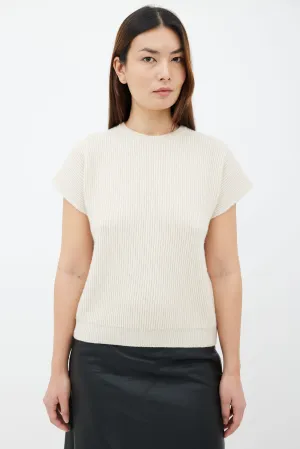 Beige Cashmere & Cotton Ribbed Knit Short Sleeve Sweater