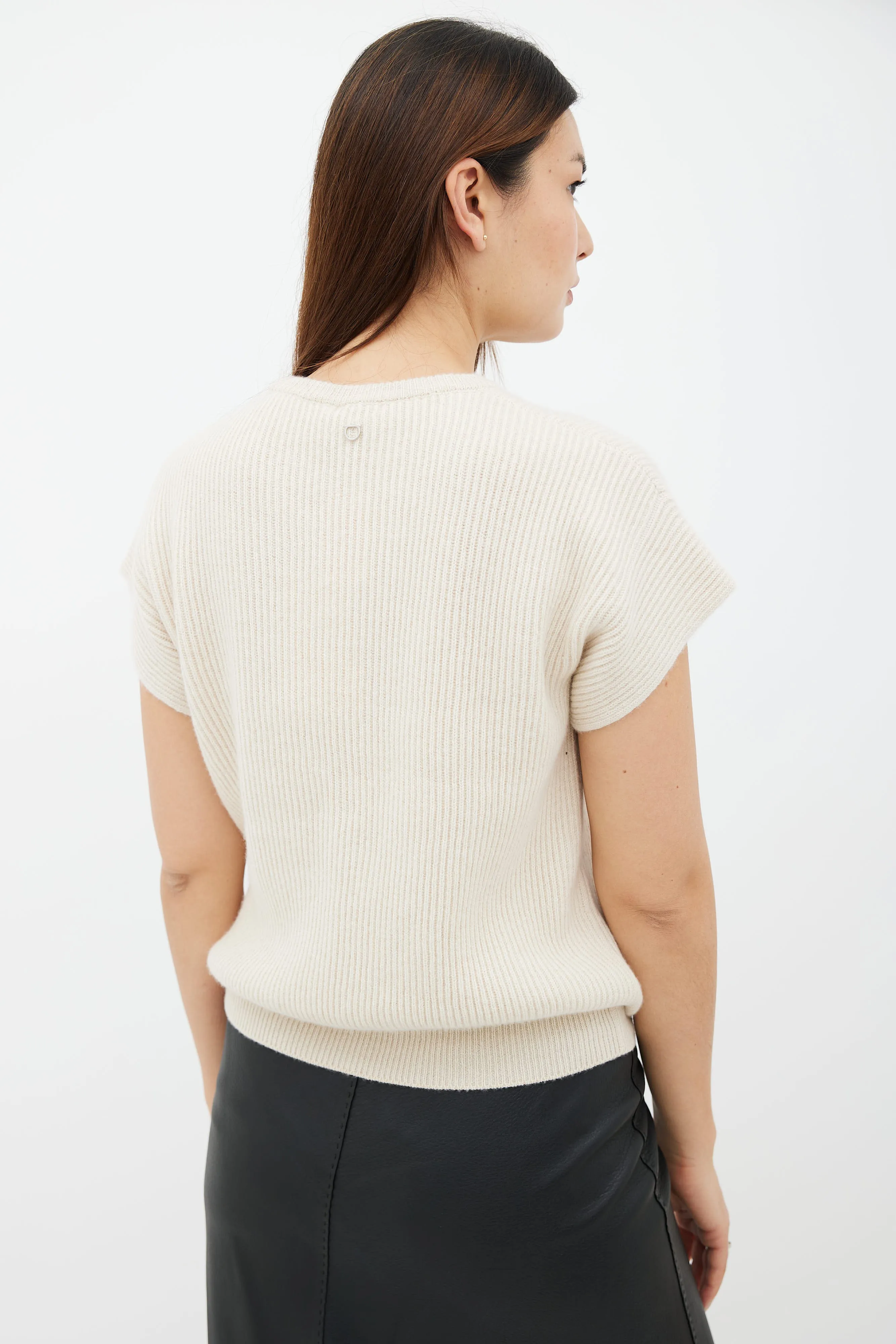 Beige Cashmere & Cotton Ribbed Knit Short Sleeve Sweater