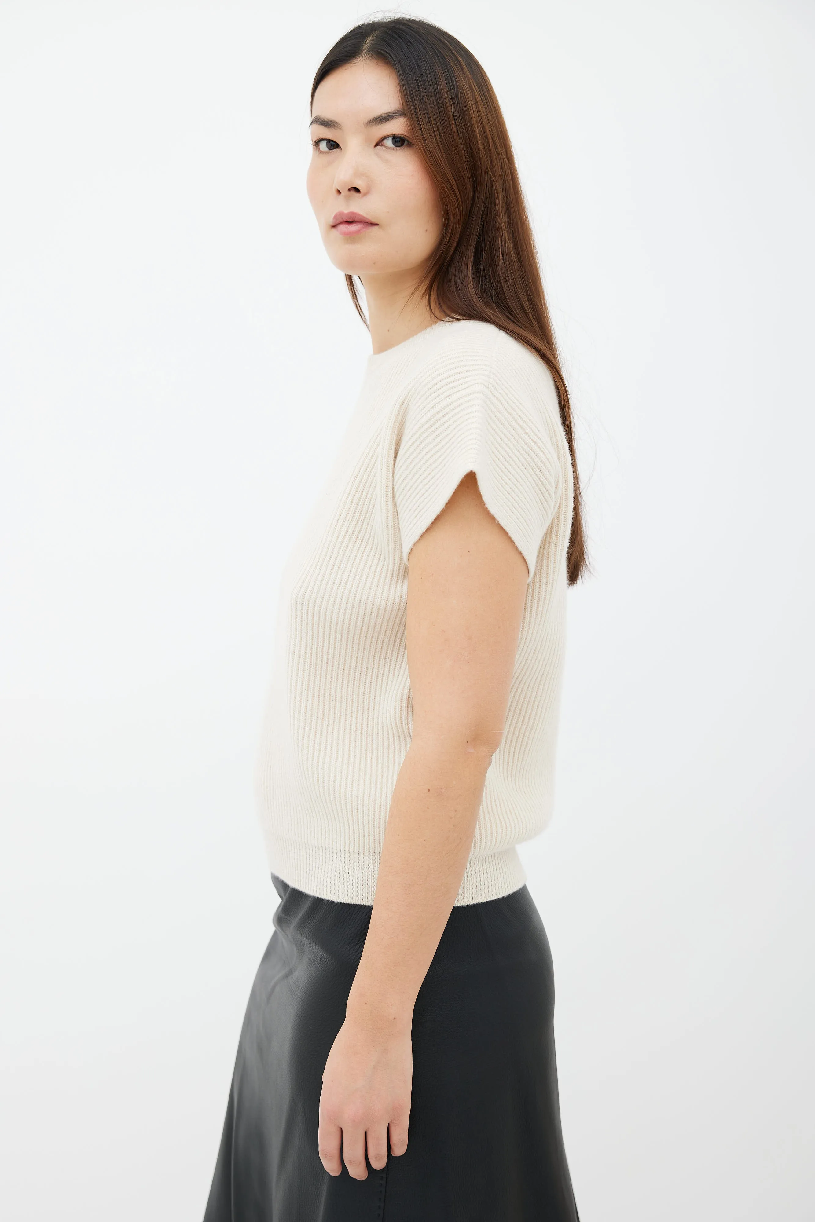 Beige Cashmere & Cotton Ribbed Knit Short Sleeve Sweater
