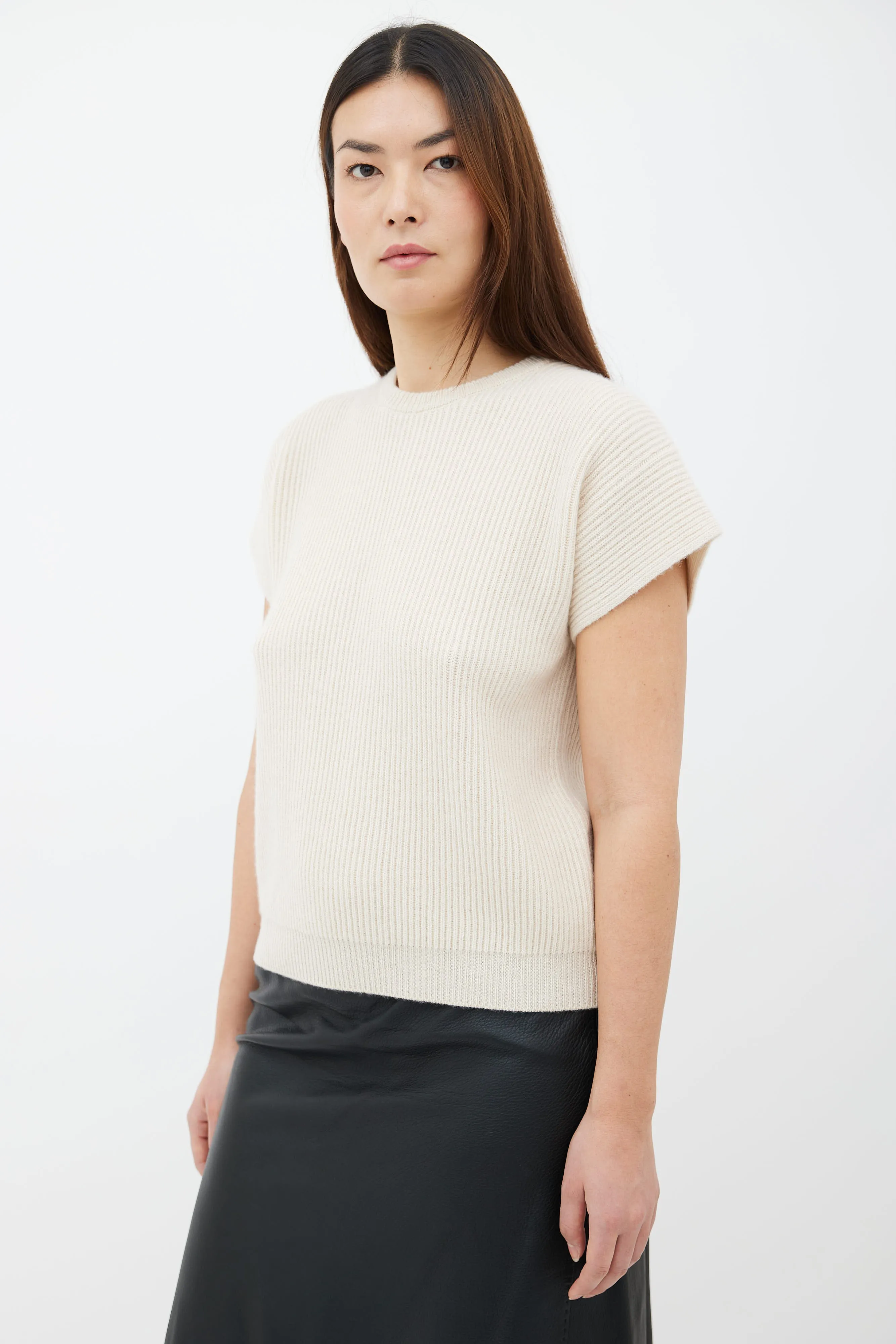 Beige Cashmere & Cotton Ribbed Knit Short Sleeve Sweater