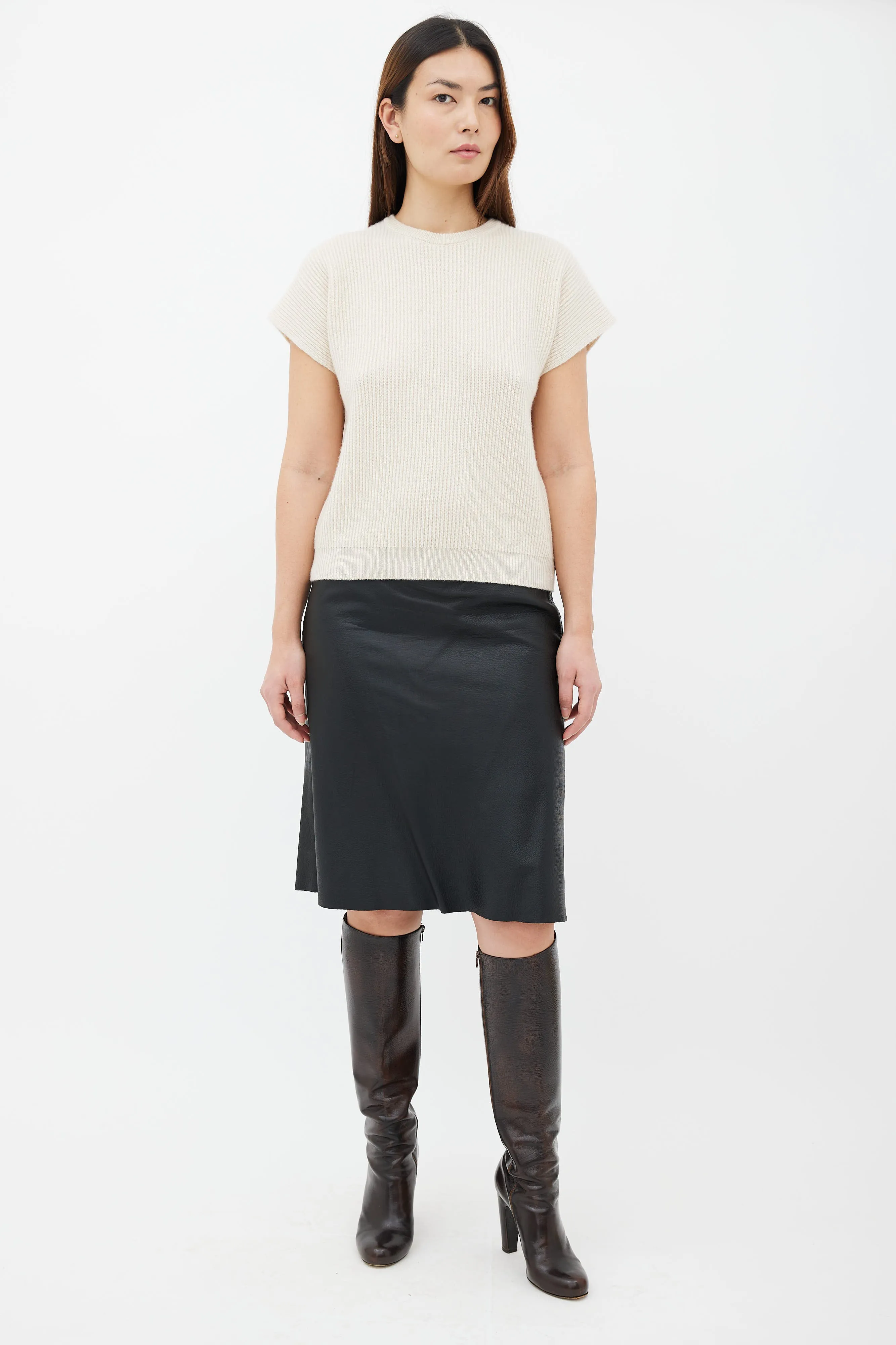 Beige Cashmere & Cotton Ribbed Knit Short Sleeve Sweater