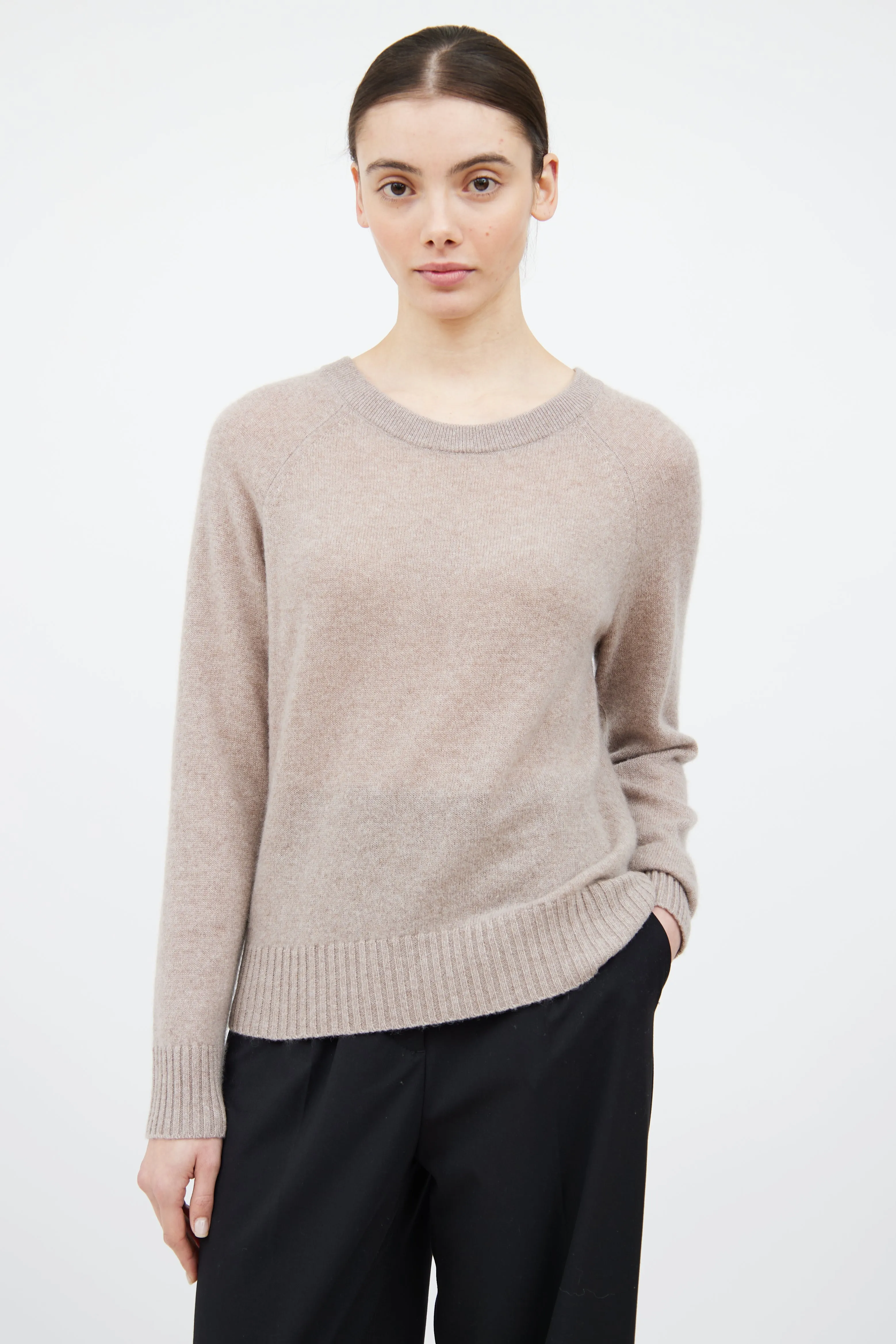 Beige Cashmere Knit Crewneck Sweater