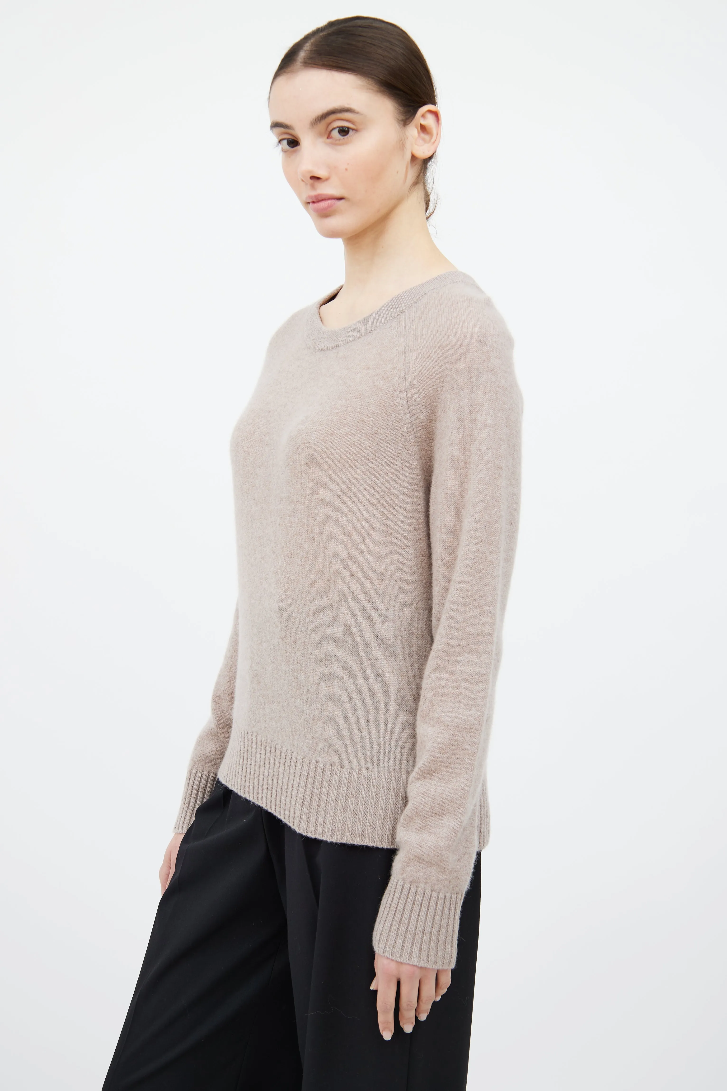 Beige Cashmere Knit Crewneck Sweater