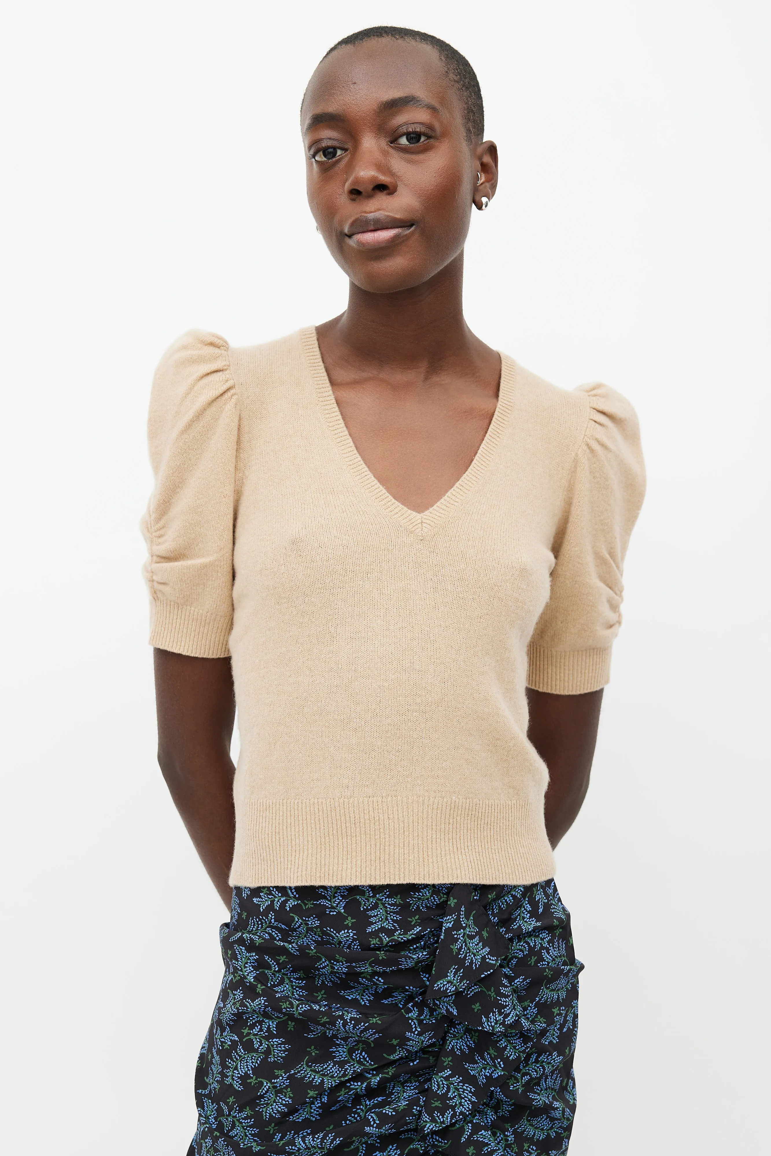 Beige Cashmere Puff Sleeve Sweater