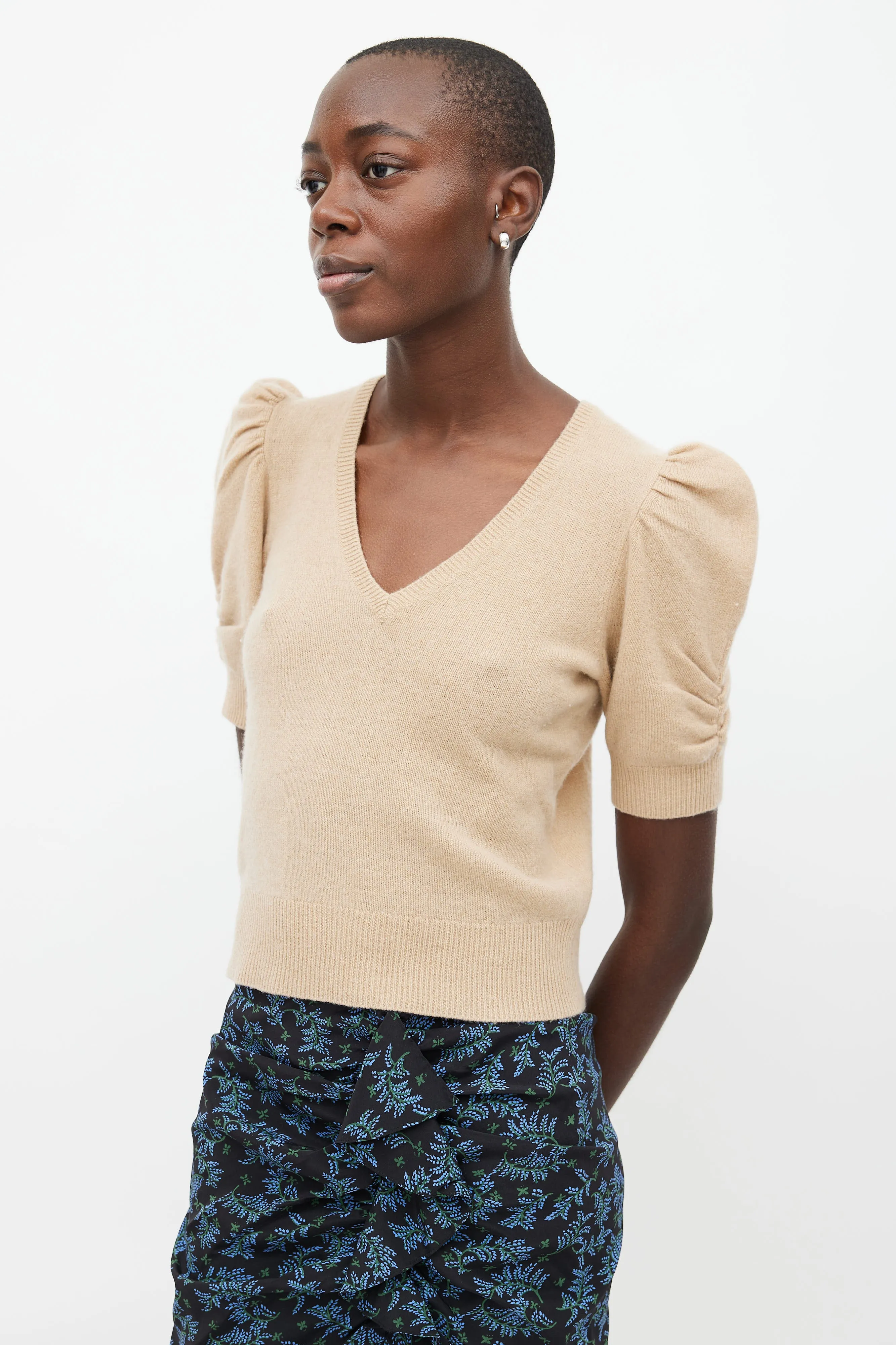 Beige Cashmere Puff Sleeve Sweater