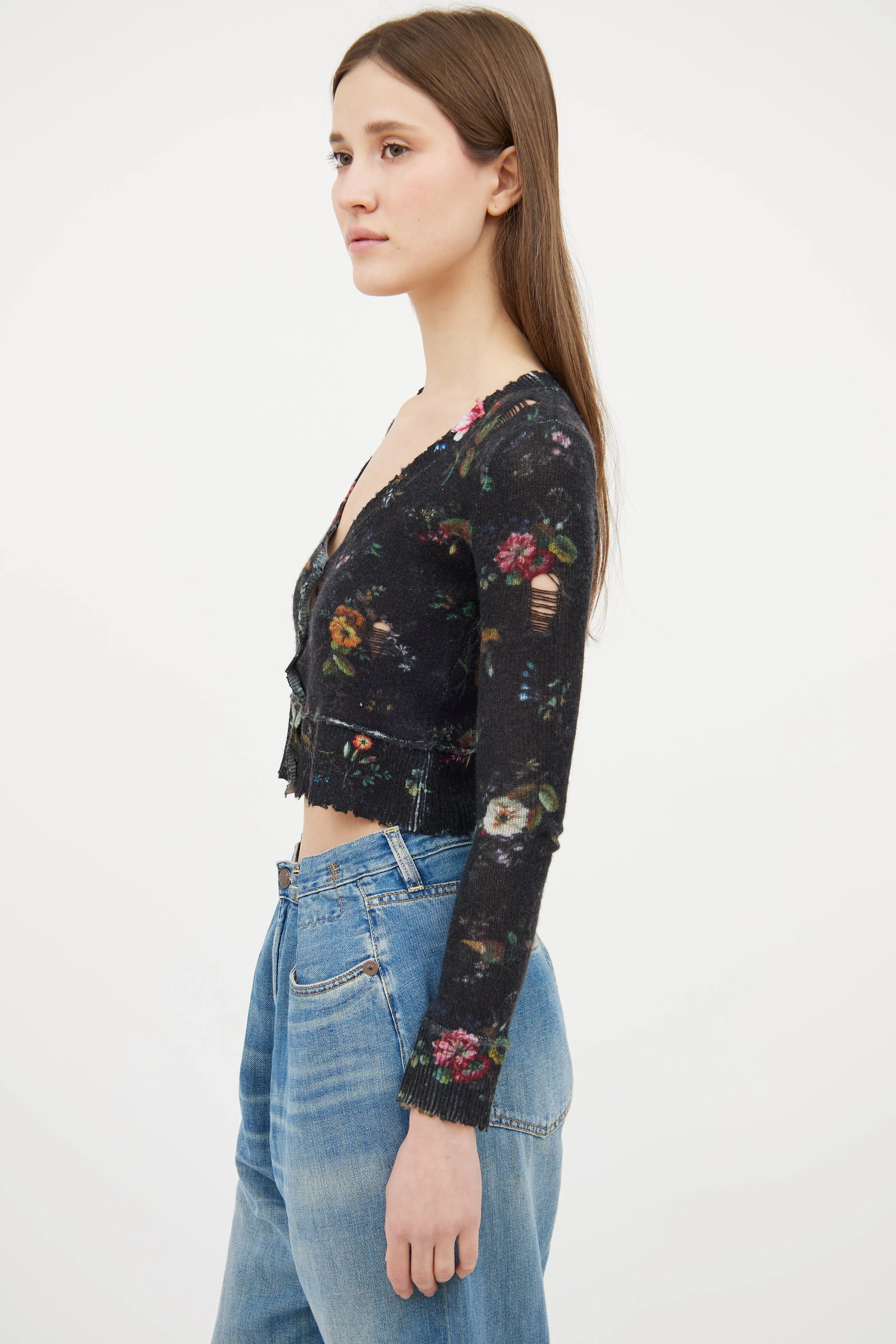 Black & Multi Floral Cashmere Cardigan