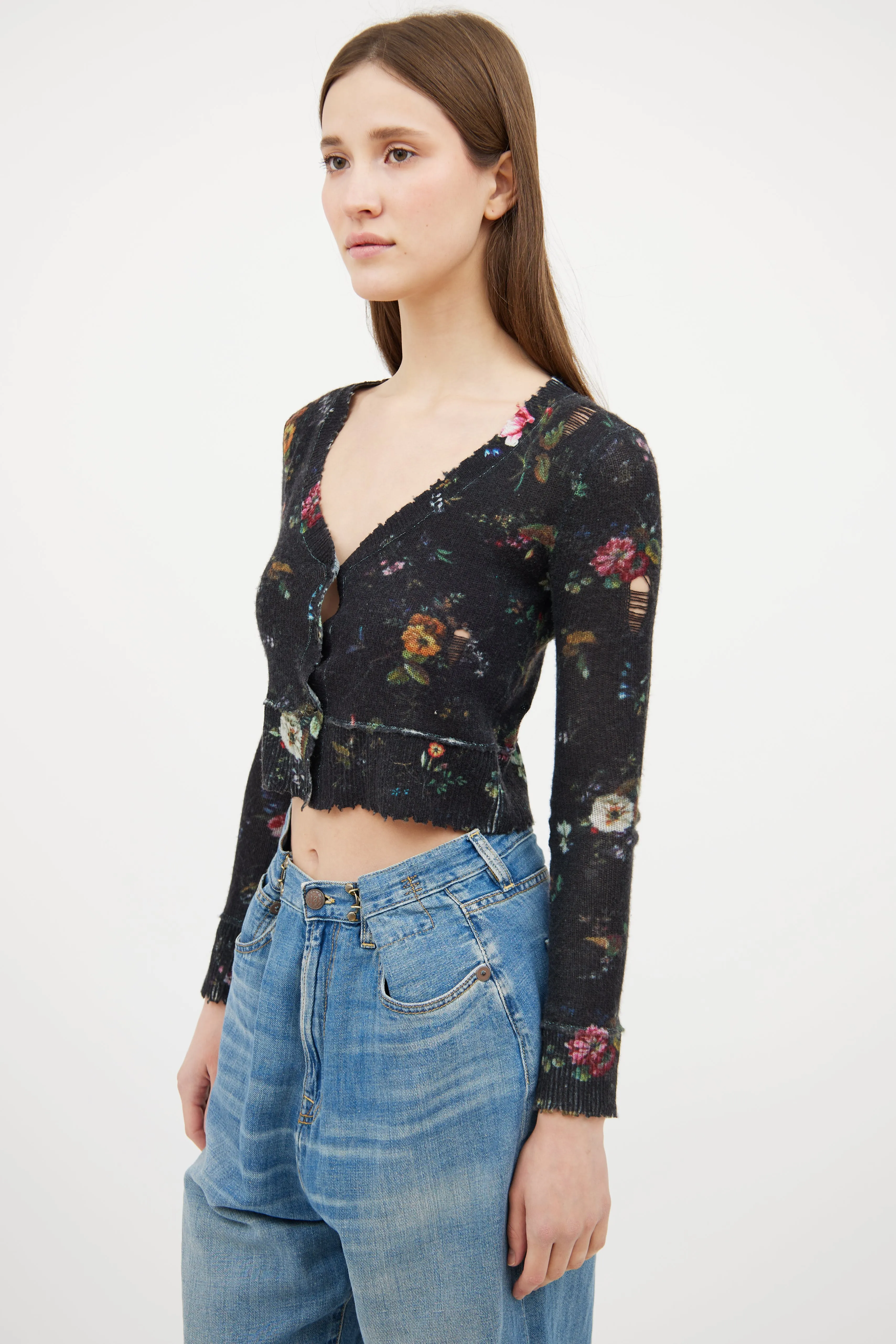 Black & Multi Floral Cashmere Cardigan