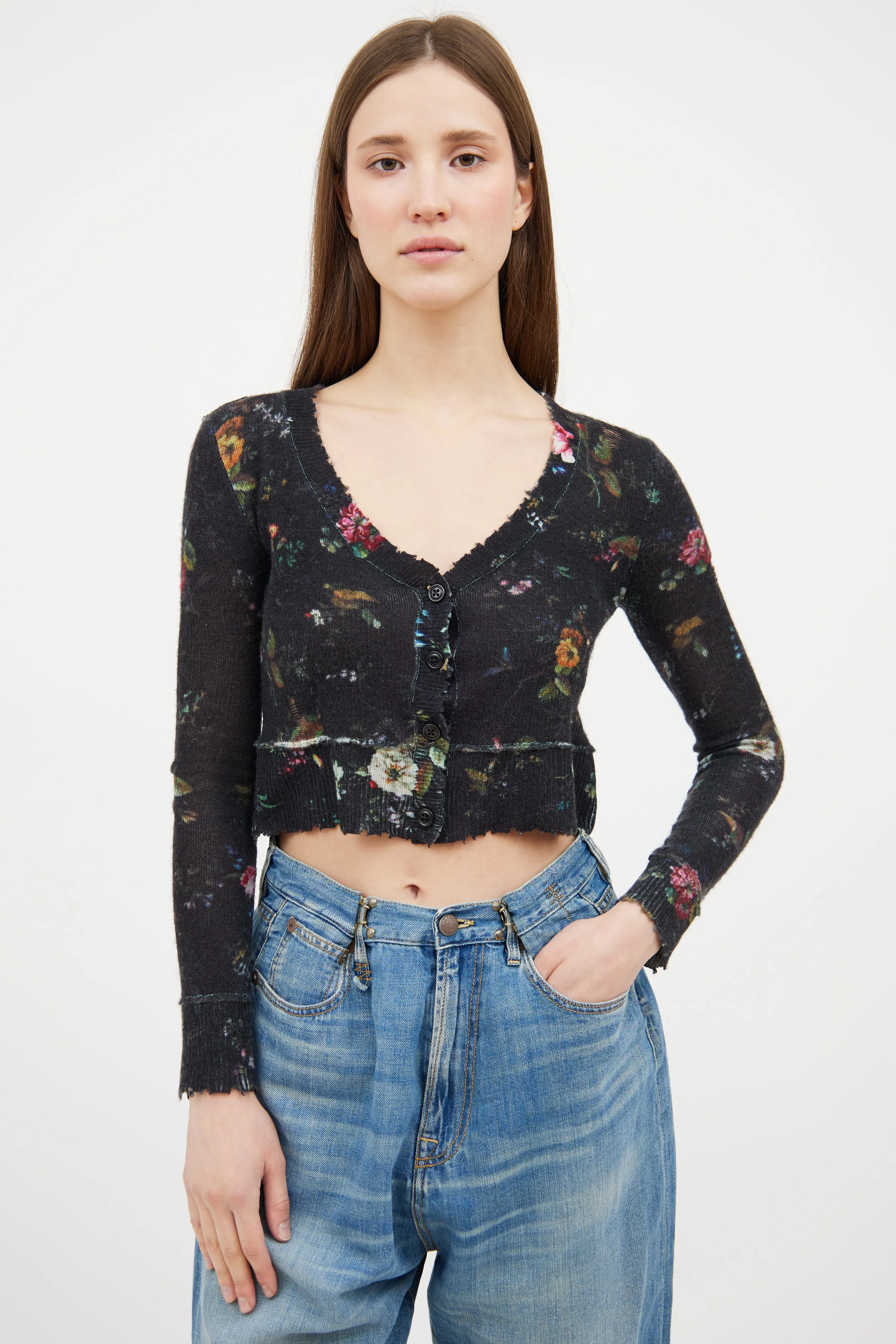 Black & Multi Floral Cashmere Cardigan