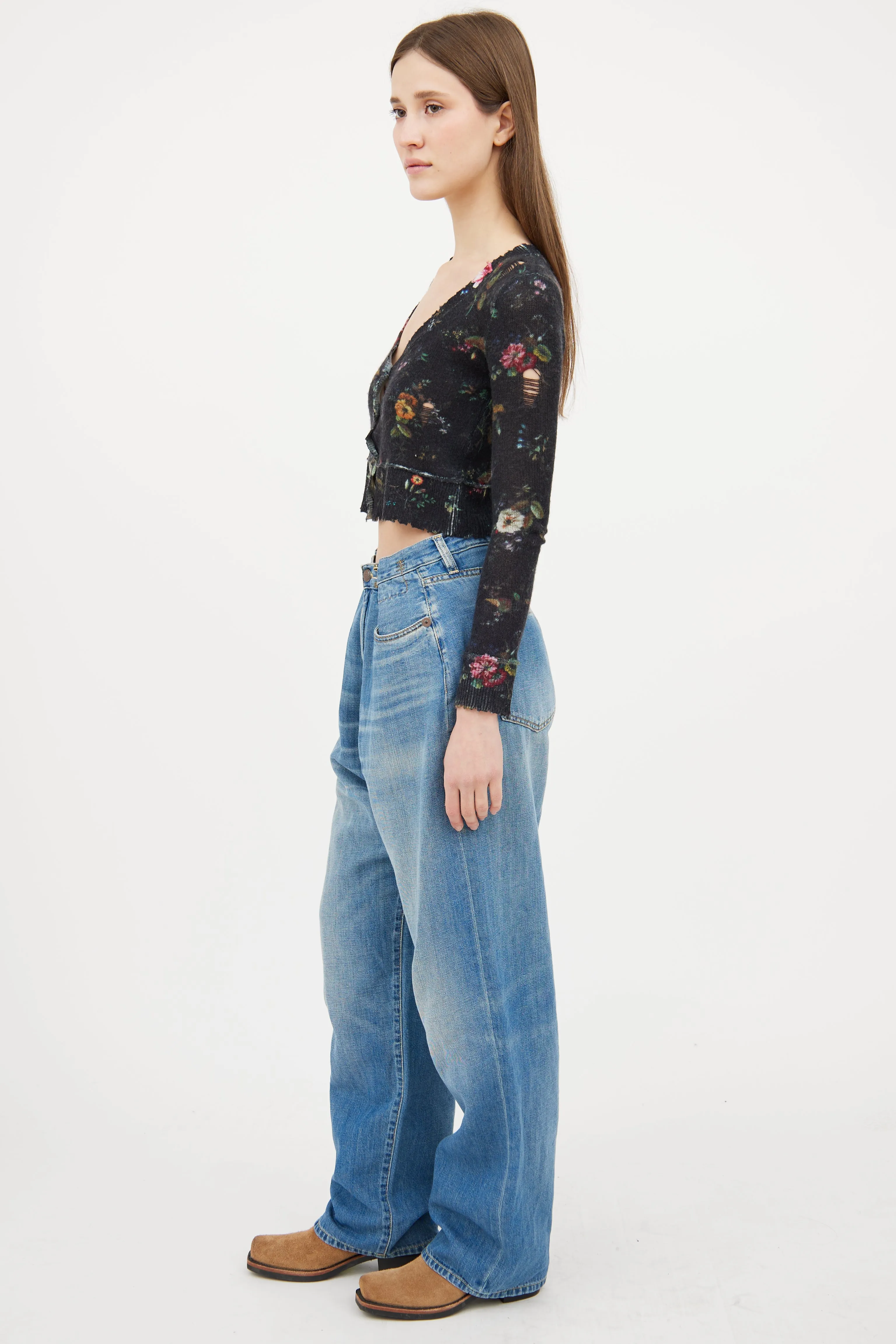 Black & Multi Floral Cashmere Cardigan