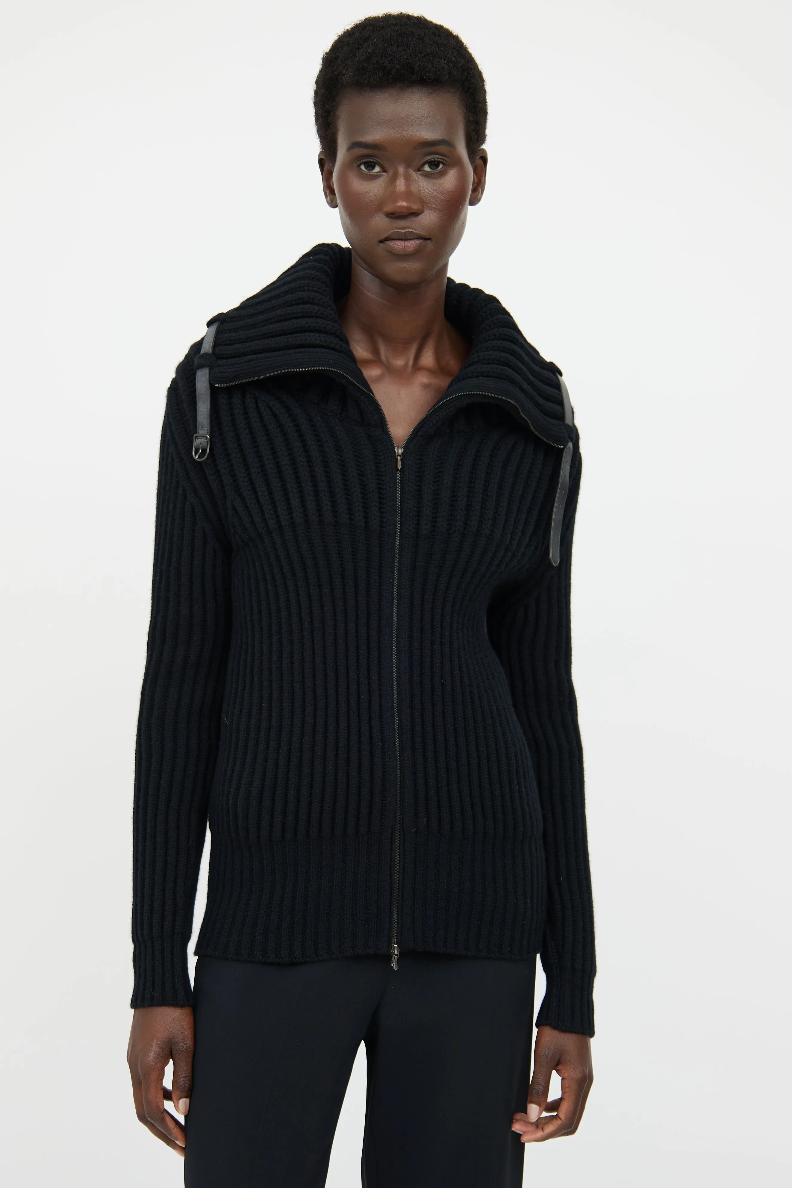 Black Cashmere Ribbed Zip Sweater