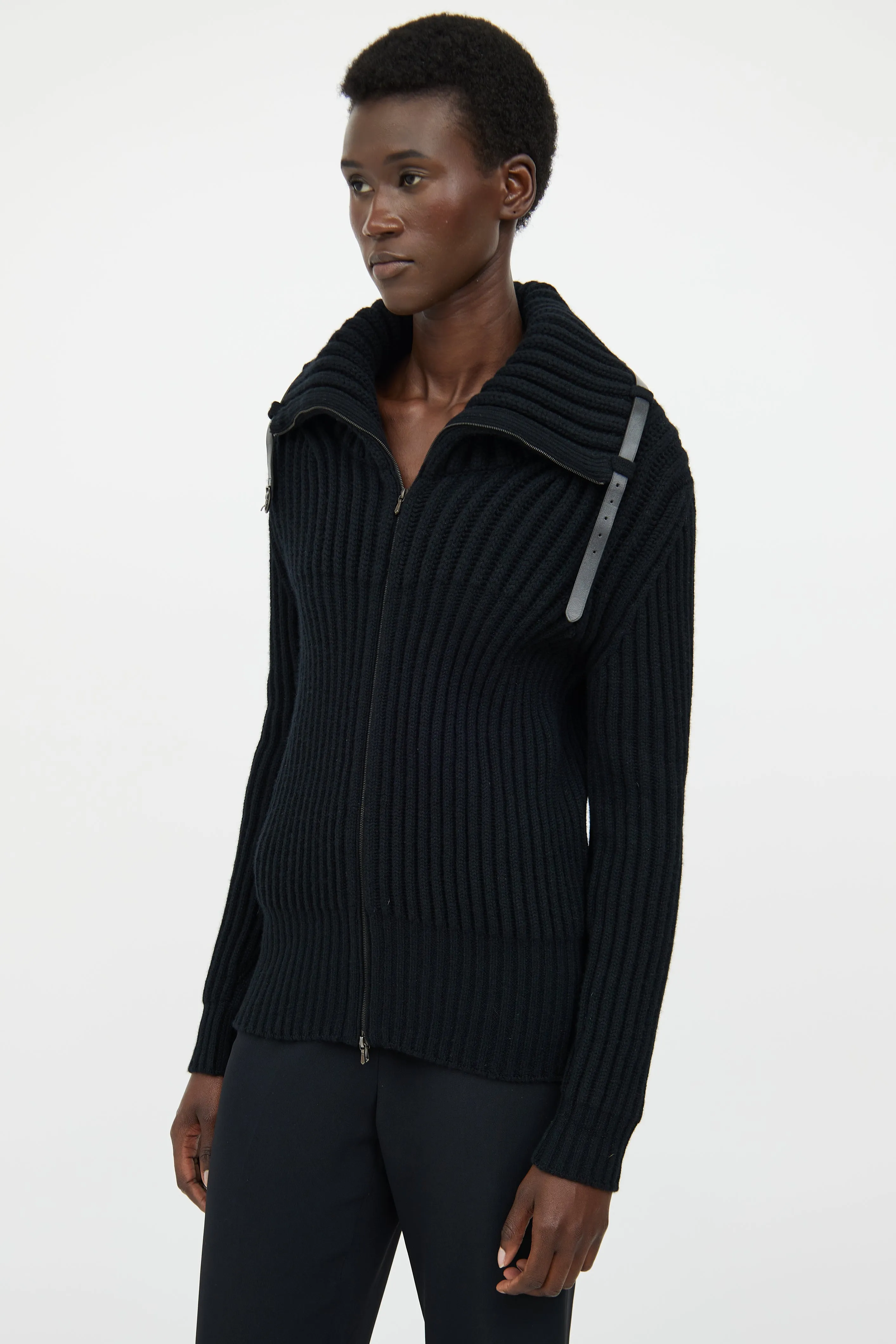 Black Cashmere Ribbed Zip Sweater