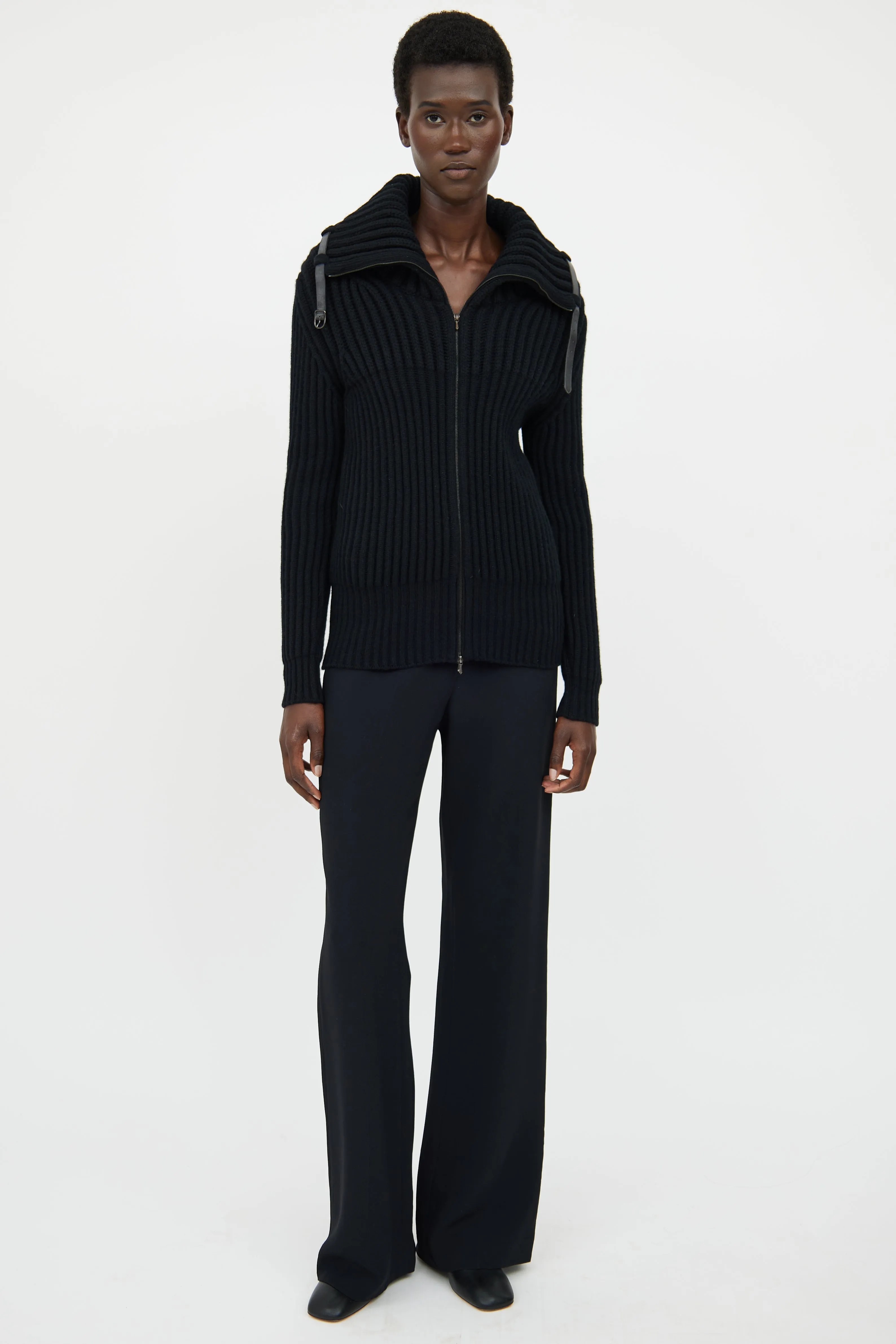 Black Cashmere Ribbed Zip Sweater