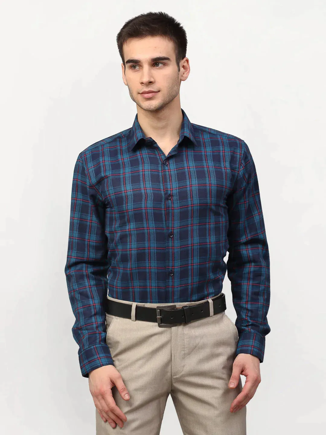 Blue Men'S Checked Formal Shirts