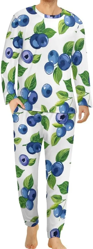 Blueberry-white Men's Pajama Set Long Sleeves 2 Piece Sleepwear Soft Pjs Sets Loungewear Nightwear