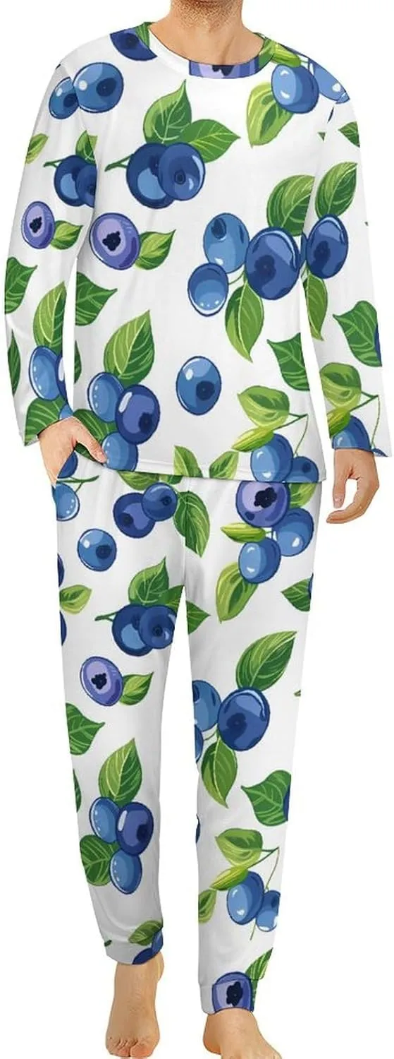 Blueberry-white Men's Pajama Set Long Sleeves 2 Piece Sleepwear Soft Pjs Sets Loungewear Nightwear