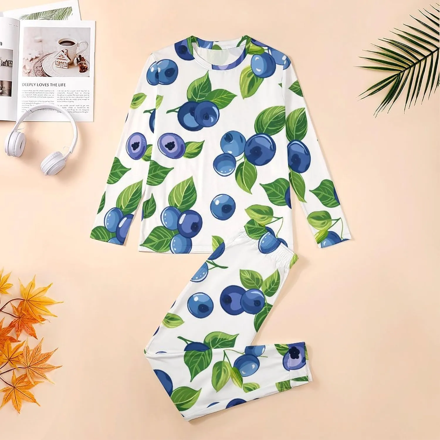 Blueberry-white Men's Pajama Set Long Sleeves 2 Piece Sleepwear Soft Pjs Sets Loungewear Nightwear