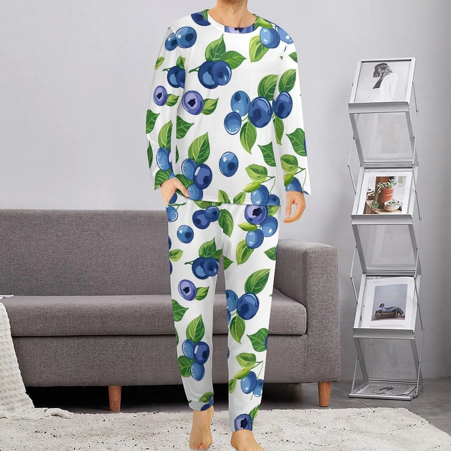 Blueberry-white Men's Pajama Set Long Sleeves 2 Piece Sleepwear Soft Pjs Sets Loungewear Nightwear