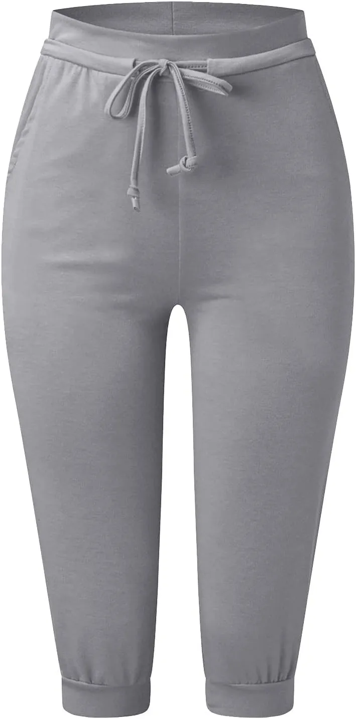 Capri Pants for Women Casual Summer Petite Short Jogger Sweatpants Drawstring Cropped Trouser Capri Leggings Plus Size