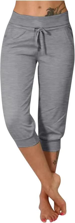 Capri Pants for Women Casual Summer Petite Short Jogger Sweatpants Drawstring Cropped Trouser Capri Leggings Plus Size