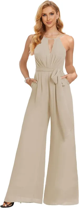 Chiffon Bridesmaid Jumpsuits for Wedding Halter Formal Dress with Pockets Wide Leg Long Pants