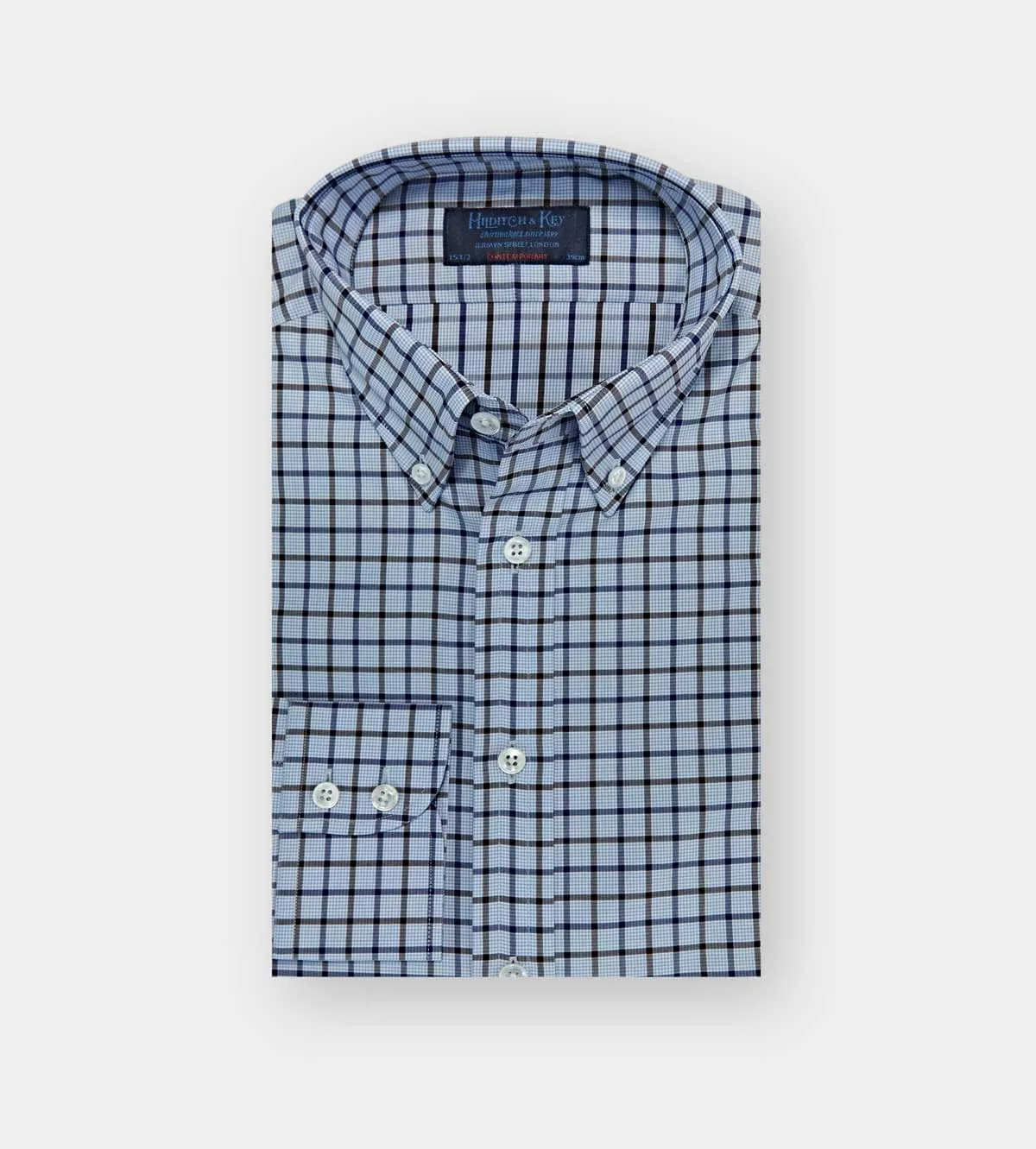 Contemporary Fit, Button Down Collar, Two Button Cuff Shirt In Blue & White With Brown & Navy Overcheck