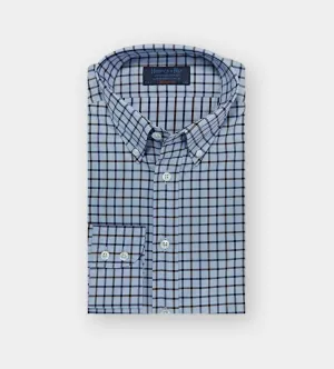 Contemporary Fit, Button Down Collar, Two Button Cuff Shirt In Blue & White With Brown & Navy Overcheck