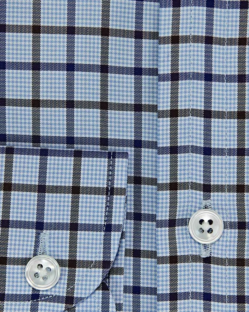 Contemporary Fit, Button Down Collar, Two Button Cuff Shirt In Blue & White With Brown & Navy Overcheck