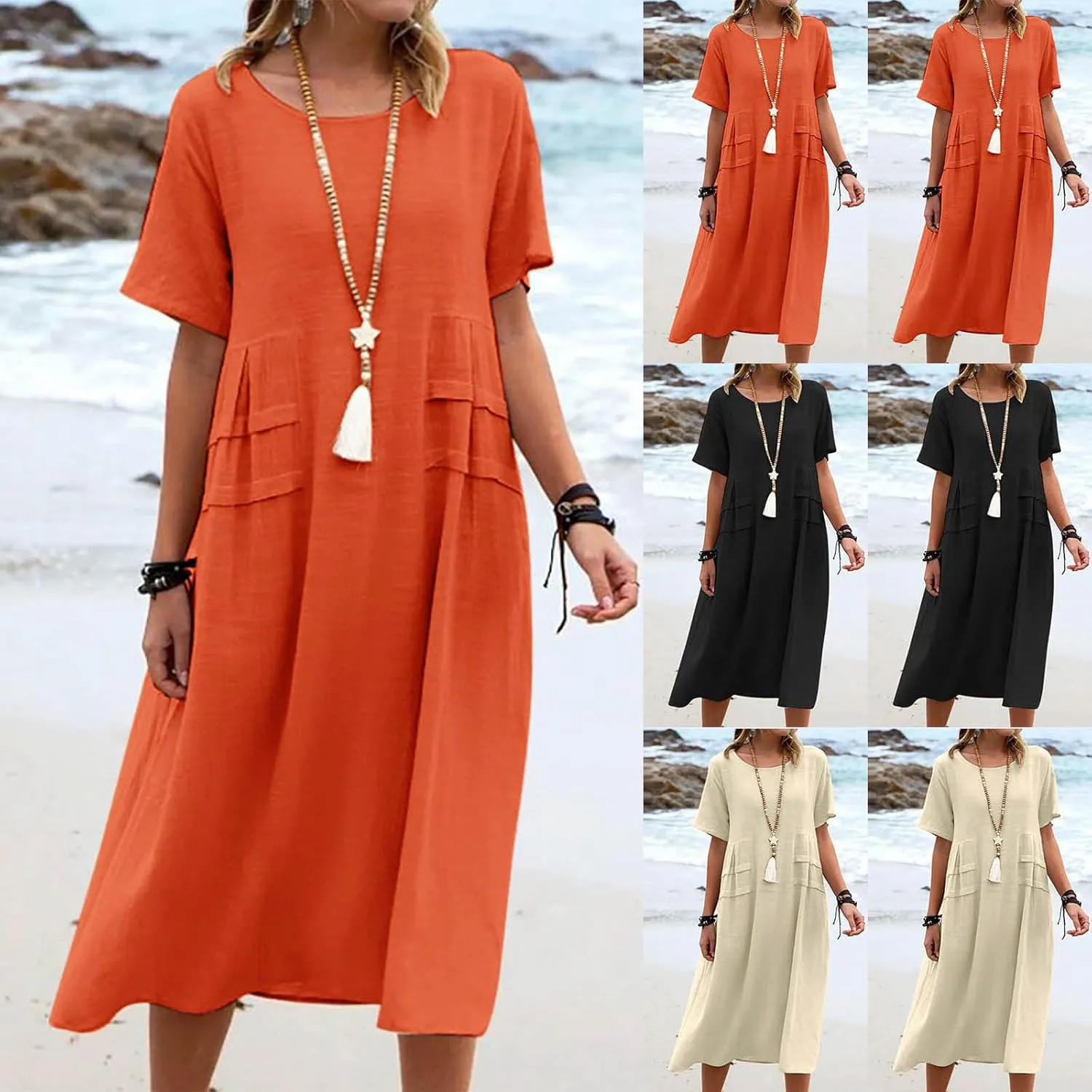 Cotton Linen Dress for Women's Short Sleeve Casual Loose Shift Flowy Summer Midi Dresses Beach Sundresses with Pockets