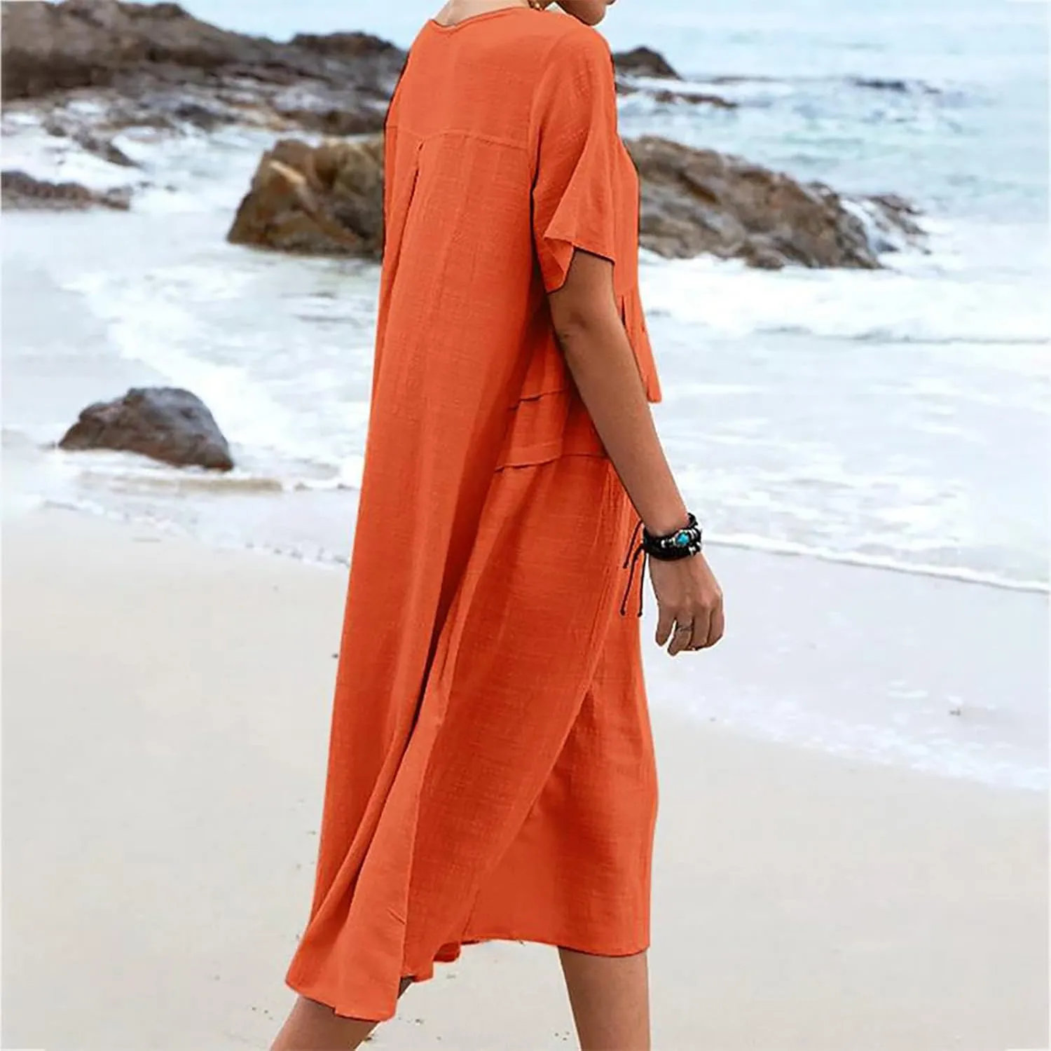 Cotton Linen Dress for Women's Short Sleeve Casual Loose Shift Flowy Summer Midi Dresses Beach Sundresses with Pockets