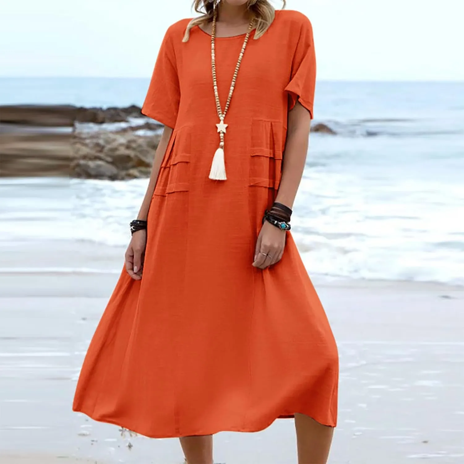 Cotton Linen Dress for Women's Short Sleeve Casual Loose Shift Flowy Summer Midi Dresses Beach Sundresses with Pockets
