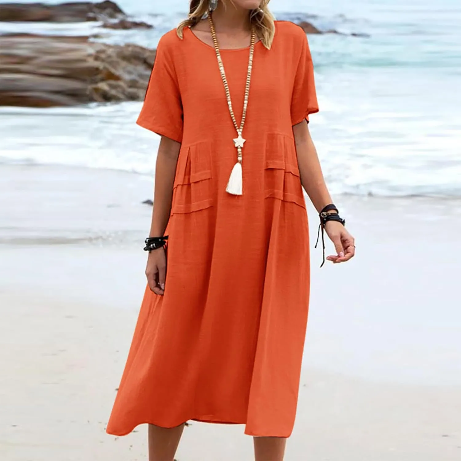 Cotton Linen Dress for Women's Short Sleeve Casual Loose Shift Flowy Summer Midi Dresses Beach Sundresses with Pockets