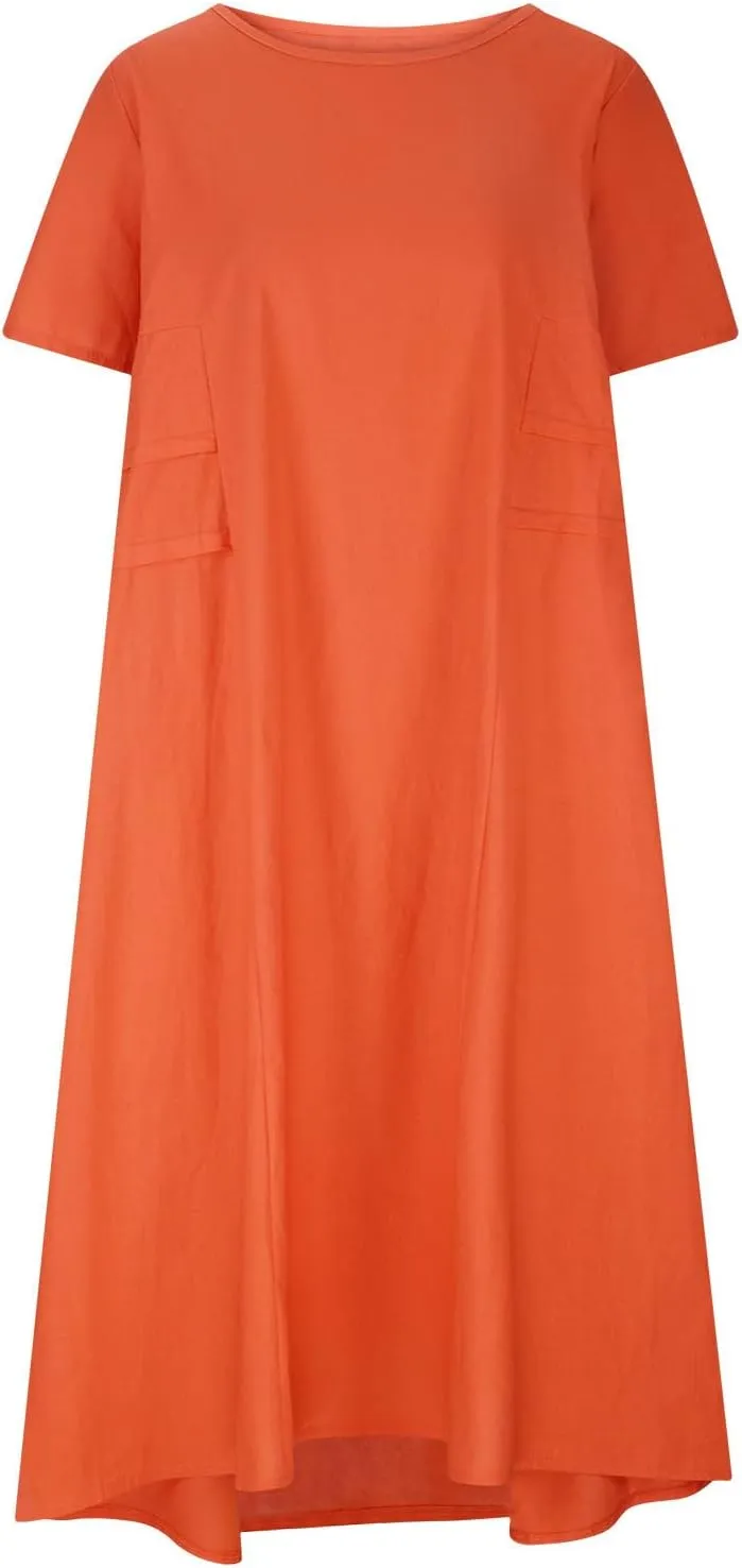 Cotton Linen Dress for Women's Short Sleeve Casual Loose Shift Flowy Summer Midi Dresses Beach Sundresses with Pockets